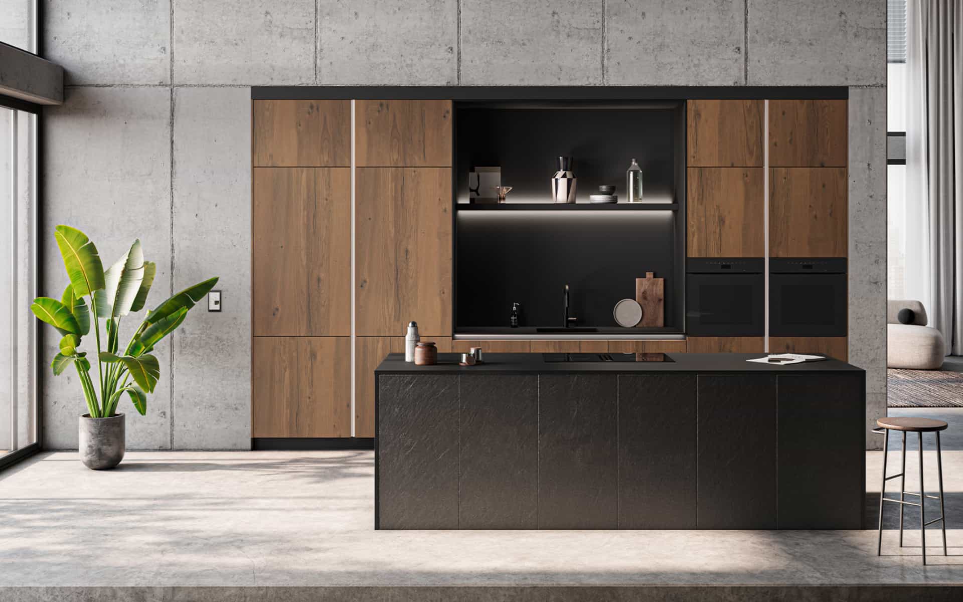 Cuisine design sur mesure avec façades en bois, îlot central à façade texturée design, mur béton contemporain et électroménagers intégrés. IDEO Cuisines